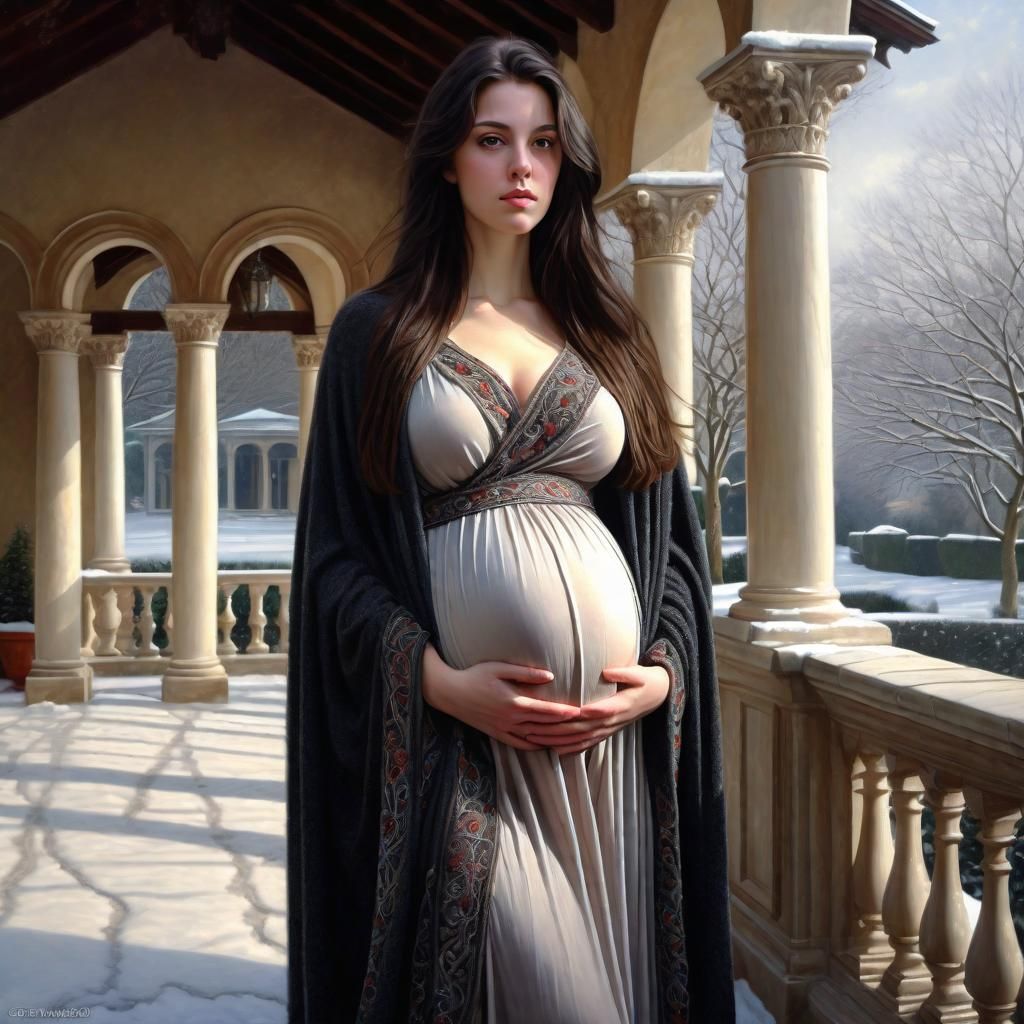 Beautiful Woman in Snowy Villa: Photorealistic Portrait