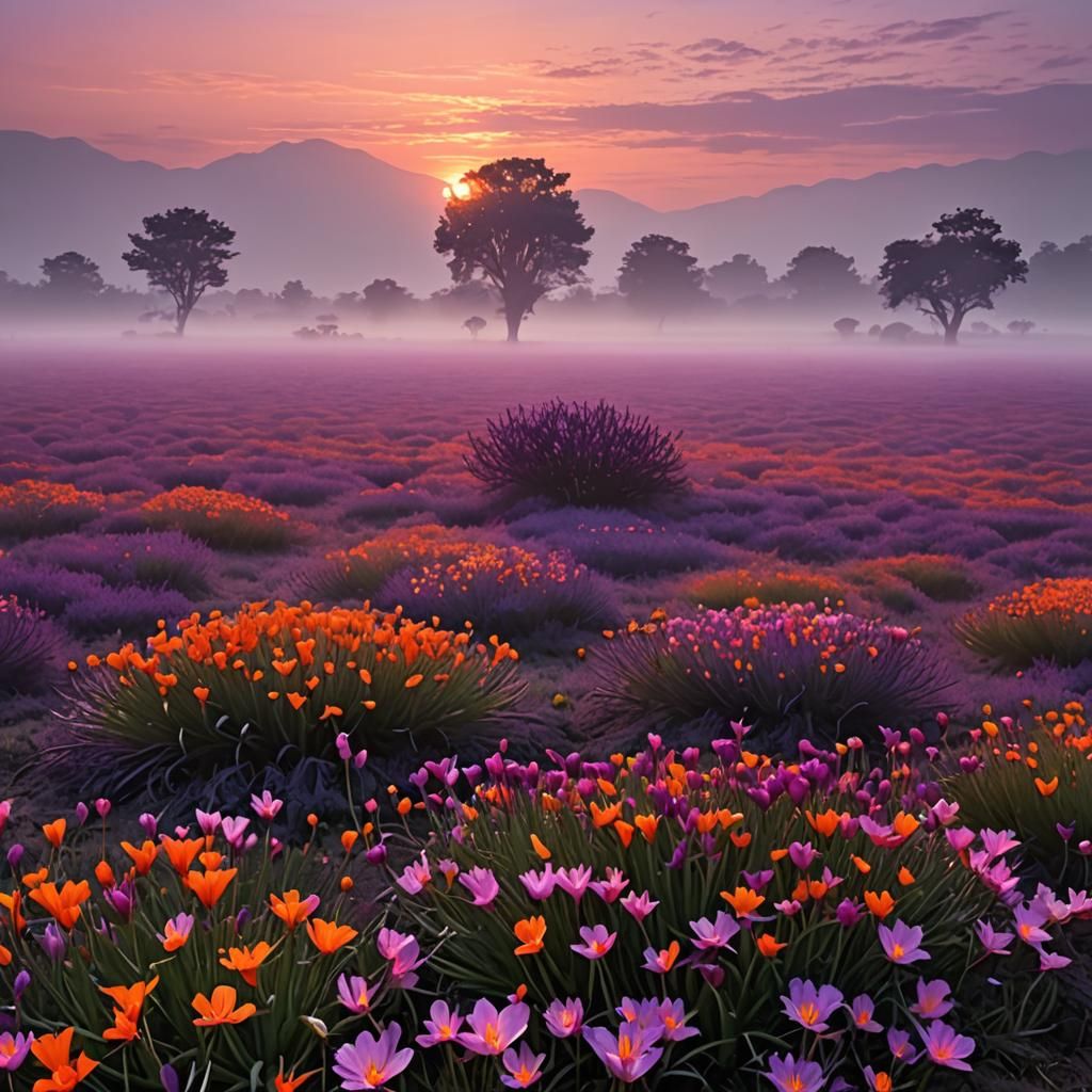 Saffron Field at Dawn in 2D Animation Style