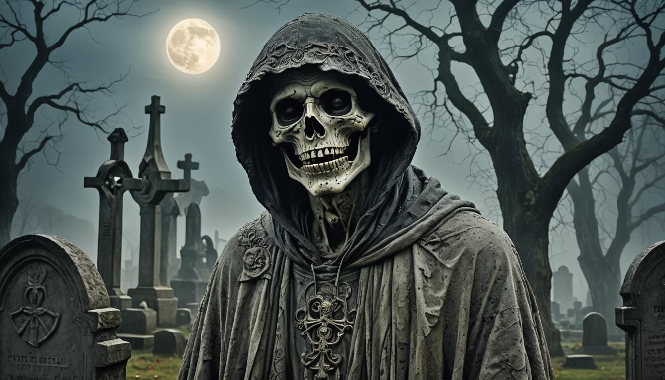 Laughing Death in Graveyard: Surrealist Portrait