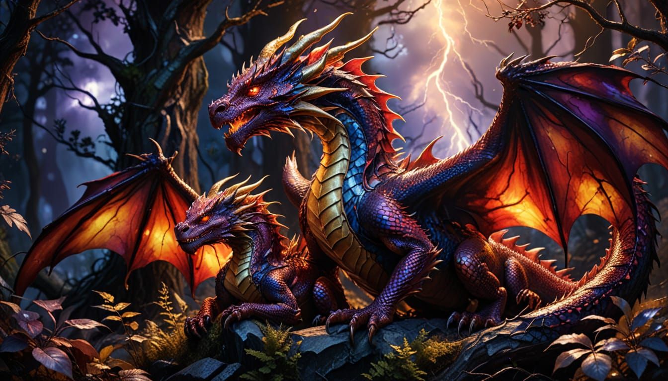 Protective Red Dragon Shelters Family in Storm, Hyperrealist...