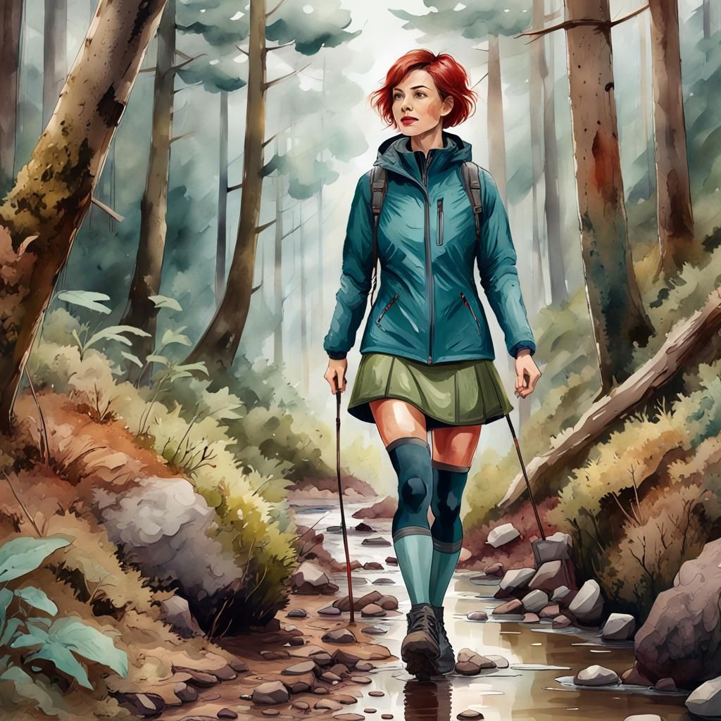 Redhead Hiker in Forest: Digital Watercolor Illustration