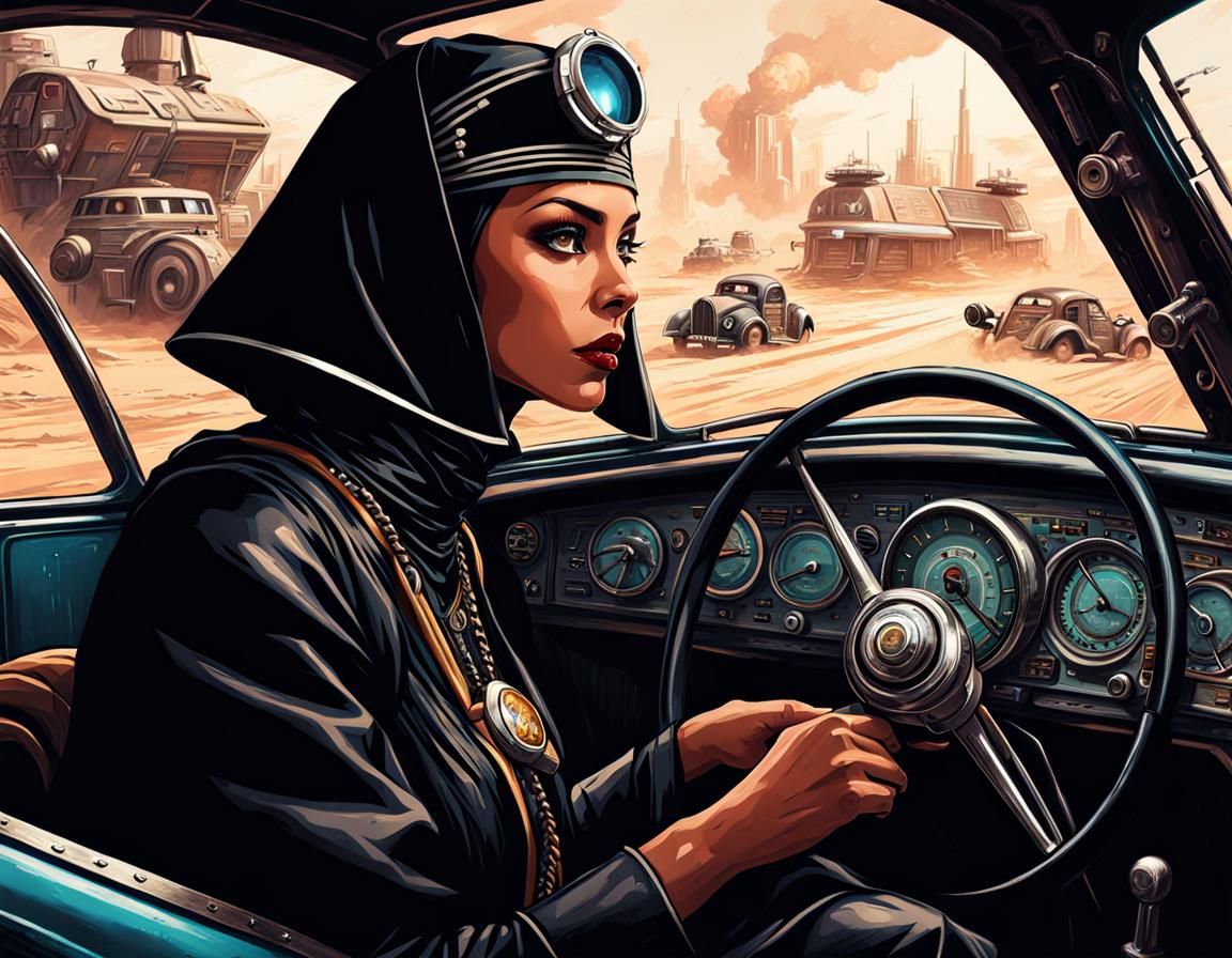 Dieselpunk Nun Driving a Diesel Car in Sci-Fi Art