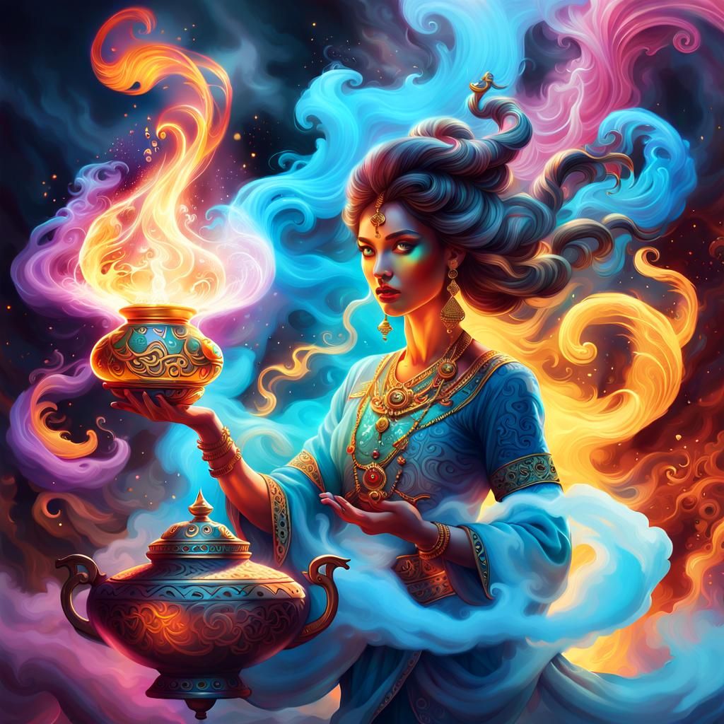 Genie Emerges from Lamp in Psychedelic Art Style