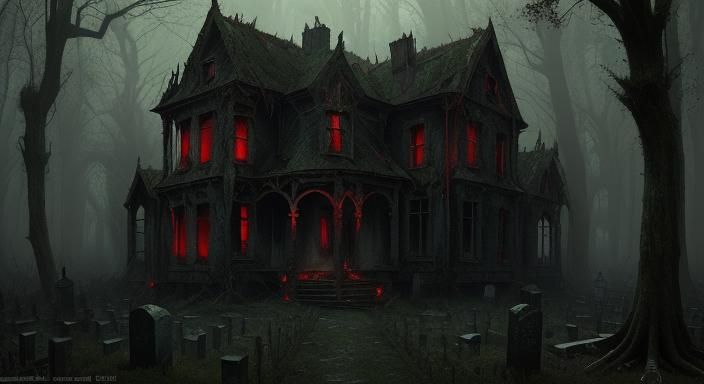 Abandoned Horror Mansion with Red Glow