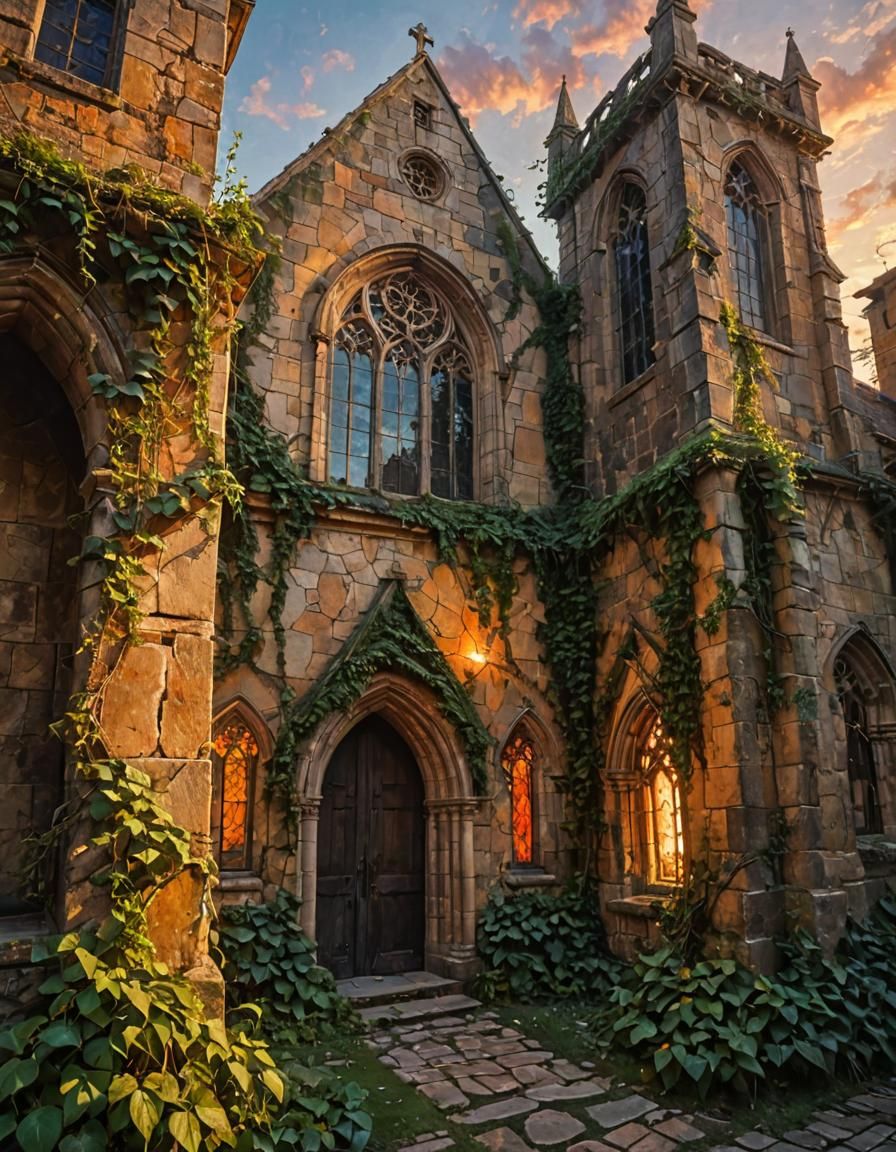 Gothic Church in Sunset: Acrylic Painting