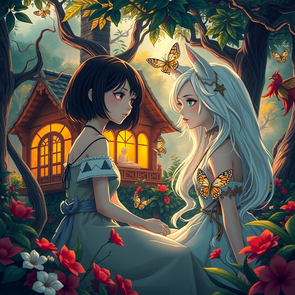Anime Women in Whimsical Forest Scene, Rendered in Detailed ...