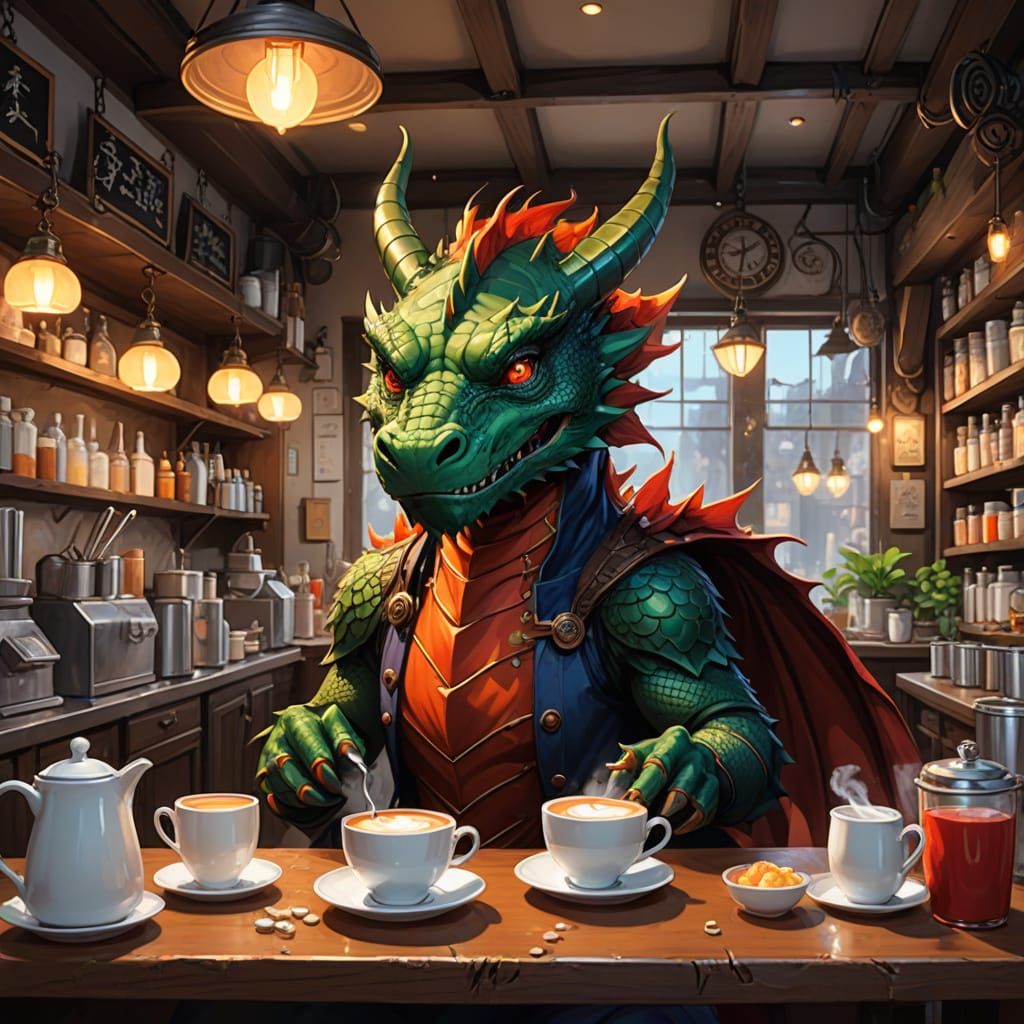Grumpy Dragon Runs Coffee Shop in Cartoon Style