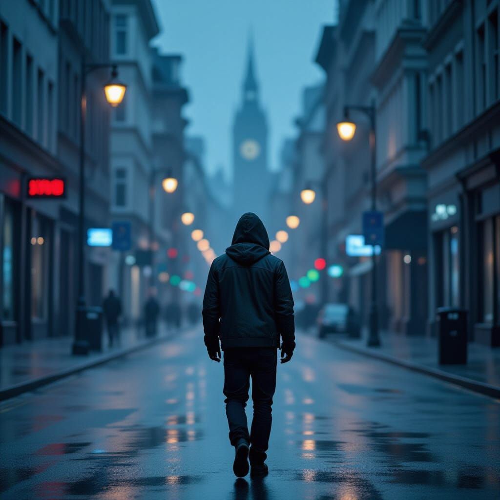Melancholic Urban Solitude: Man in Rainy Cityscape
