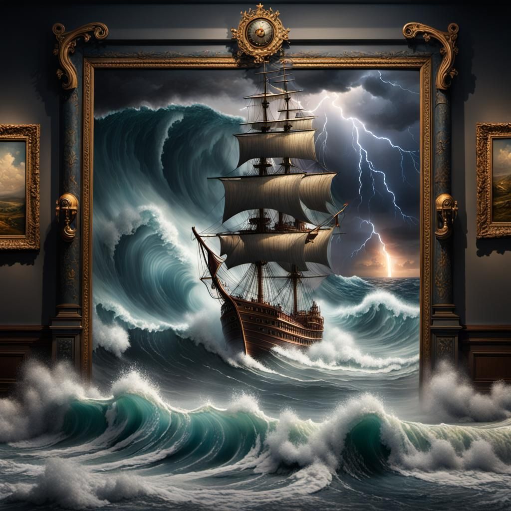Dramatic Museum Scene with Pirate Ship Painting