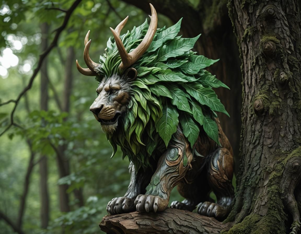 Surreal Green Leaf Lion in Forest, Magic Art