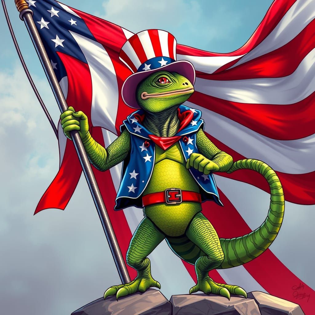 Patriotic Iguana Saving the American Flag in Comic Style