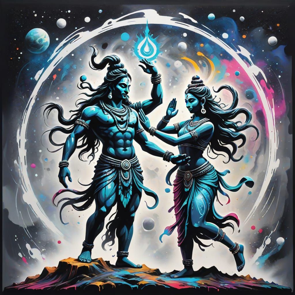 Shiva and Parvati Cosmic Dance in Graffiti Art