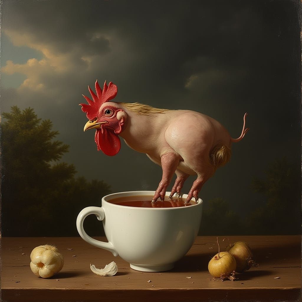 Surreal Tea Cup with Rooster Head and Pig Legs