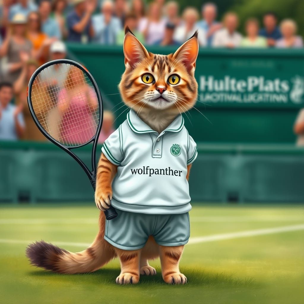 Cat Tennis Player on Wimbledon Court in Painterly Style
