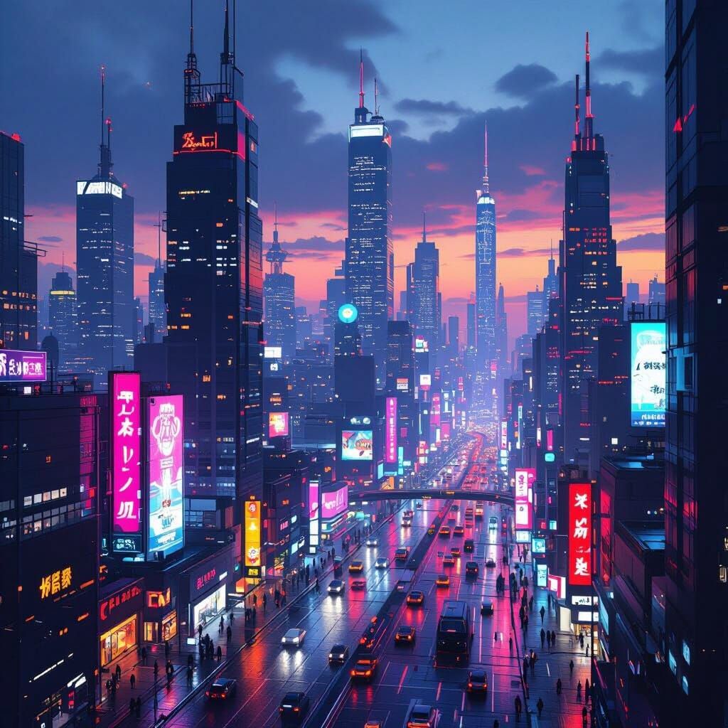 Futuristic Cityscape at Dusk with Neon Lights