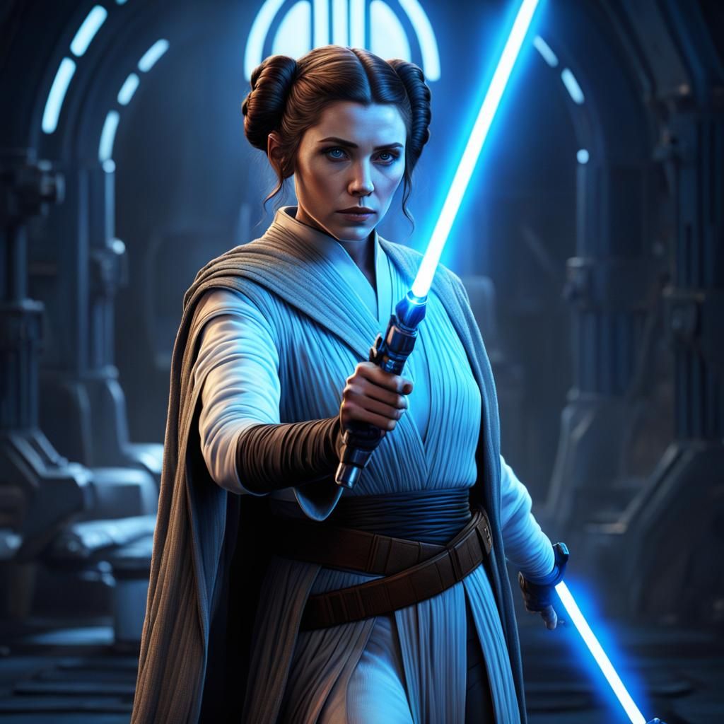Young Jedi Leia Organa with Blue Lightsaber