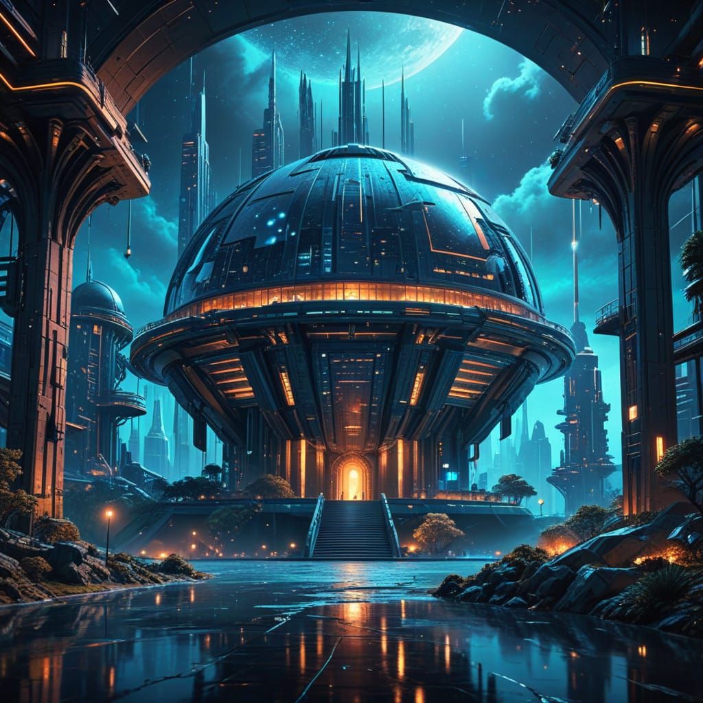 Surreal Art Deco Cityscape Unfolds Under Vibrant Starry Nigh...