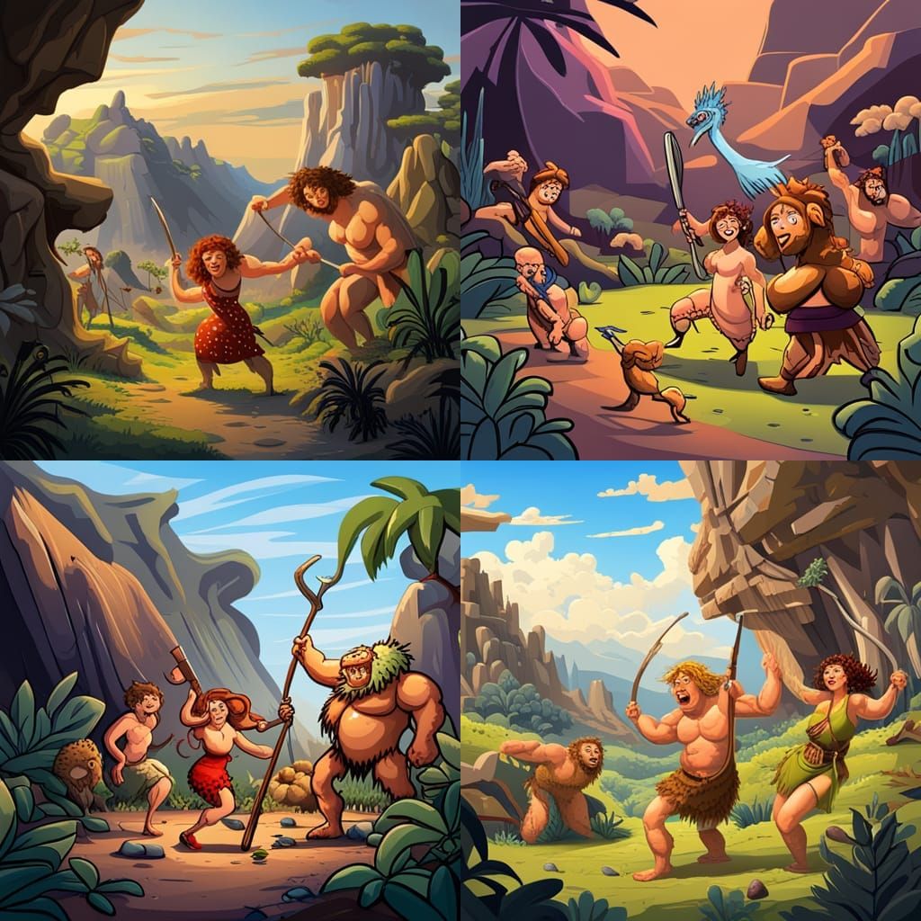 Cartoon Cavemen and Dinosaurs in Colorful Style