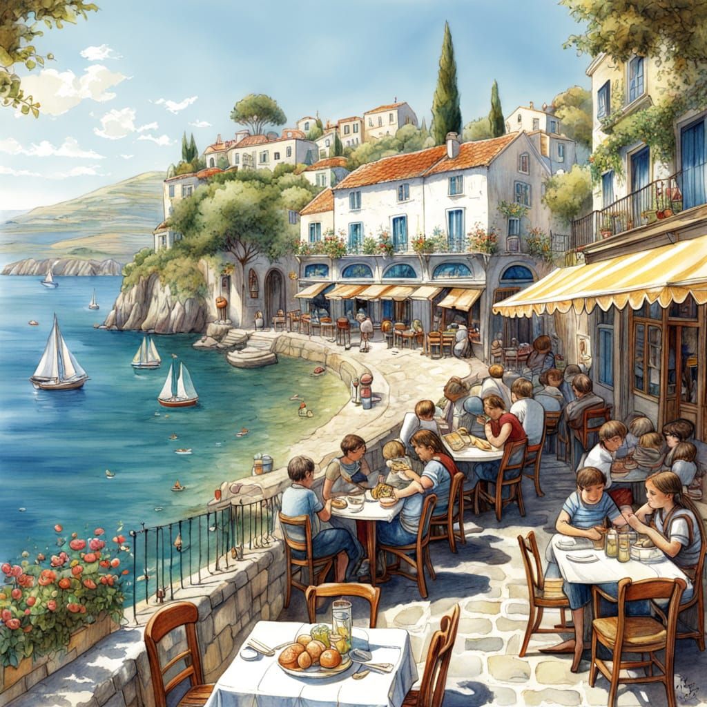 Greek Cafe Lunch: Brambly Hedge Pencil Drawing