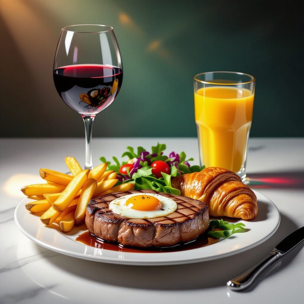 Gourmet Sirloin Steak Breakfast with Wine and Fries