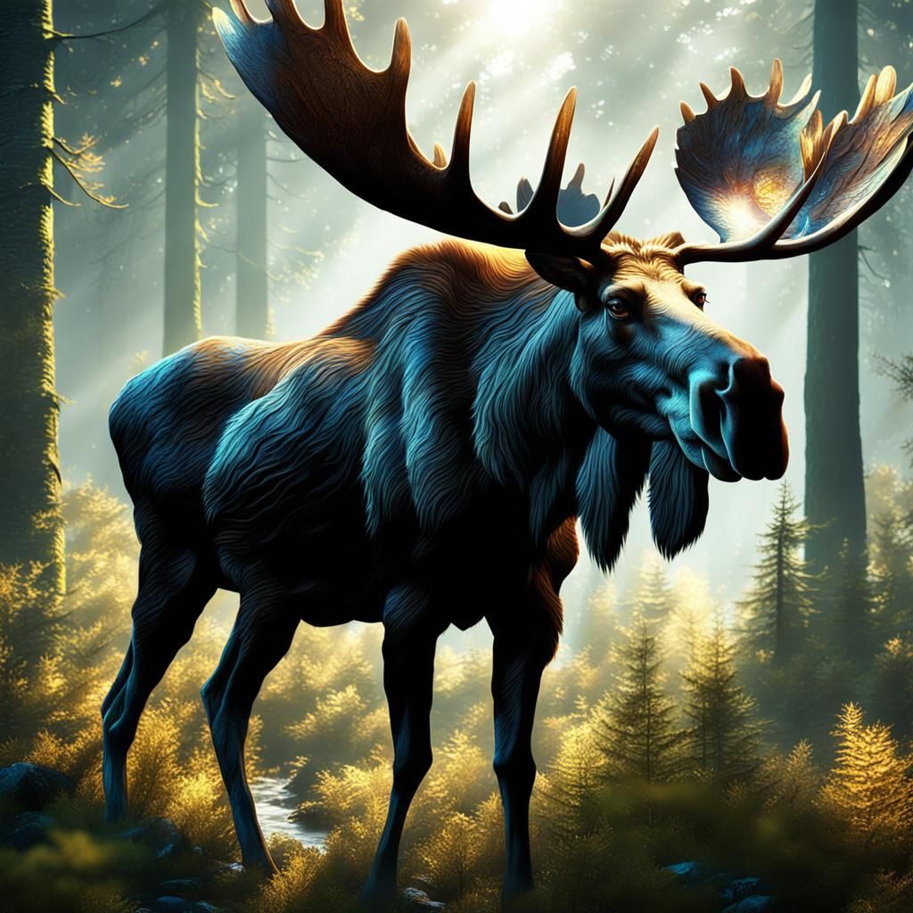 Moose in Sunny Forest: Detailed Matte Painting
