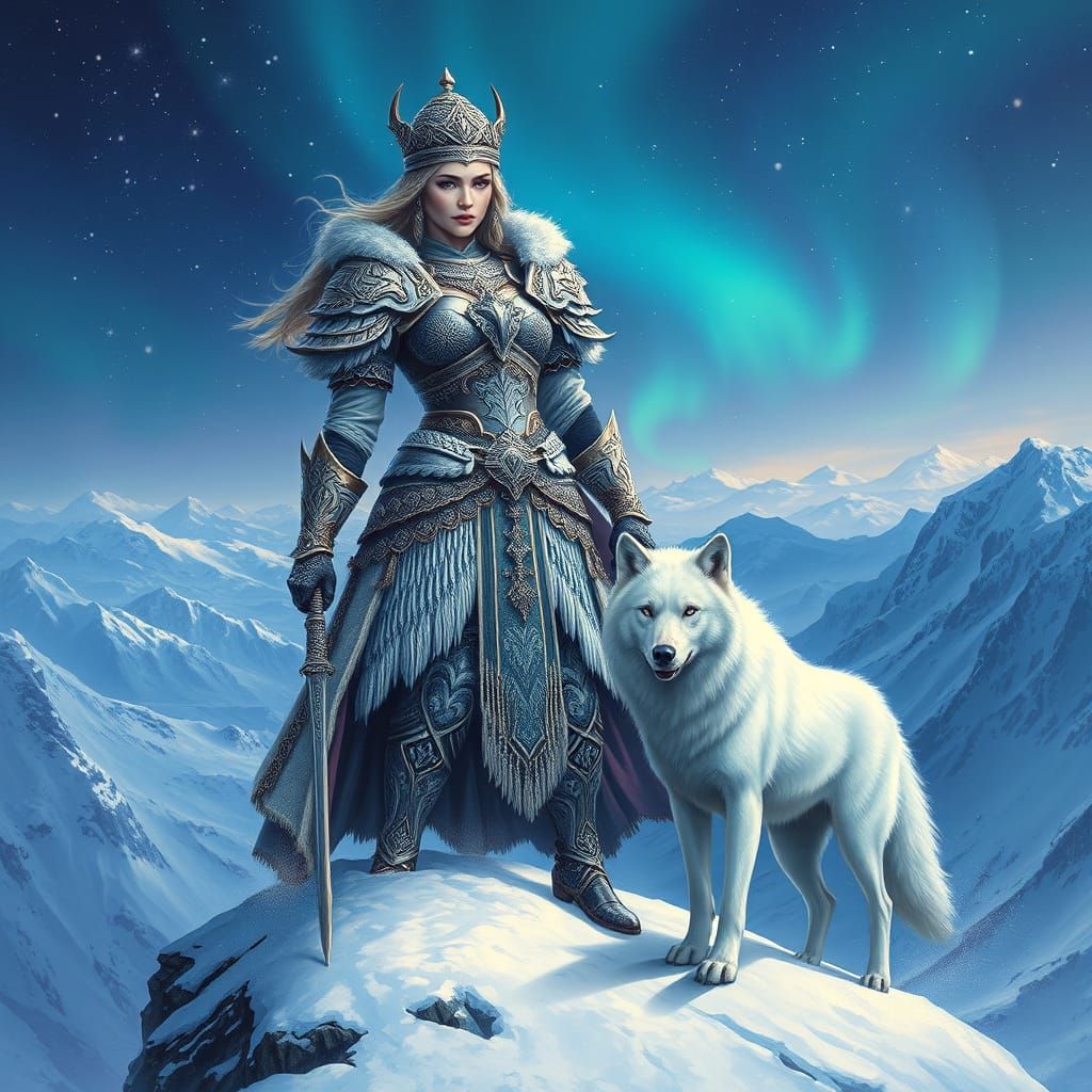 Warrior Queen Auronaschka on Snowy Peak with Wolf