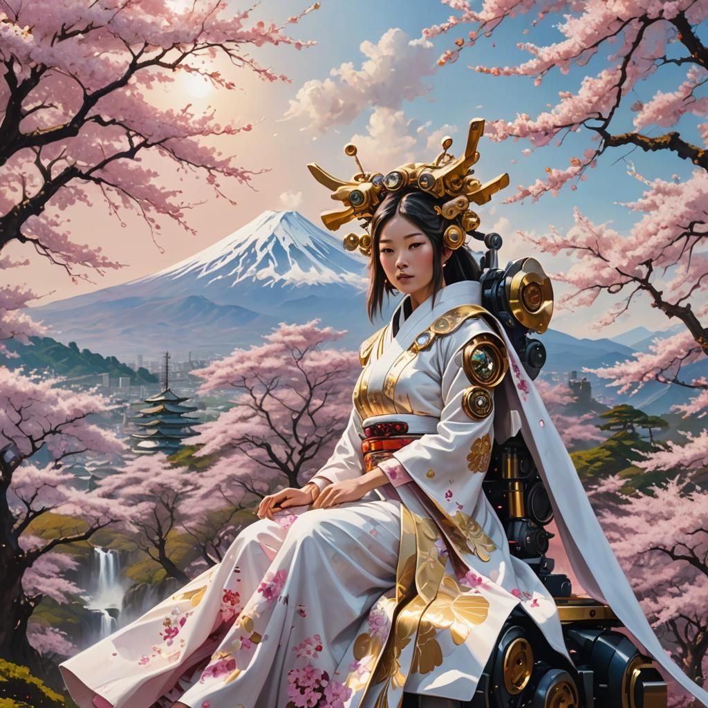 Japanese Girl on Robot in Cherry Blossom Field