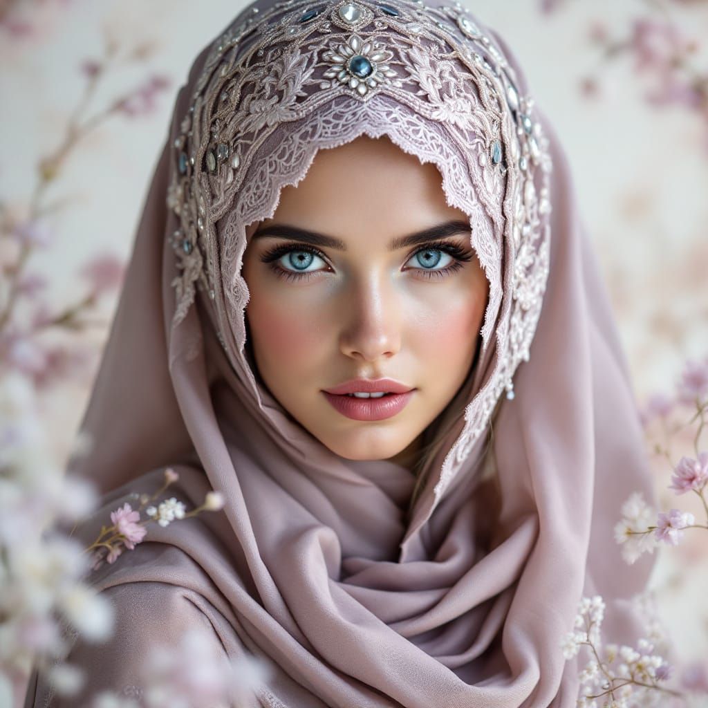 Elegant Woman with Blue Eyes and Jeweled Headscarf