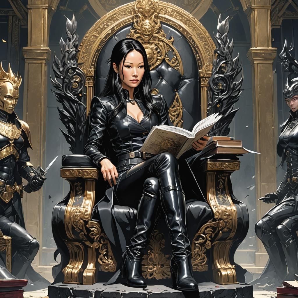 Leather-clad Woman on Tellerite Throne: Cel-Shaded Anime Art