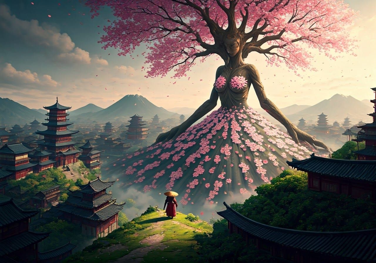 Ancient Japanese Village and Cherry Blossom Goddess
