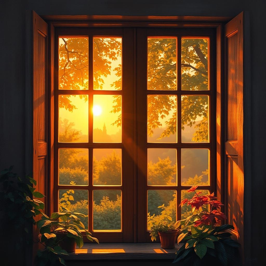 Morning sunrise filtering through trees and shrubs and refle...