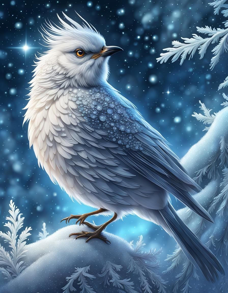 Icy Feathered Bird in Winter Fantasy Landscape