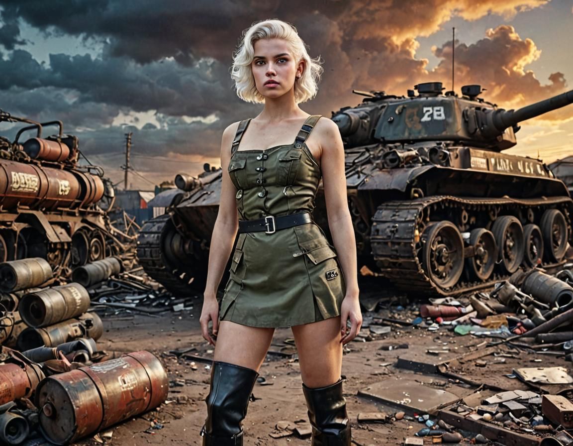 Dieselpunk Soldier Girl and Panzer Tank
