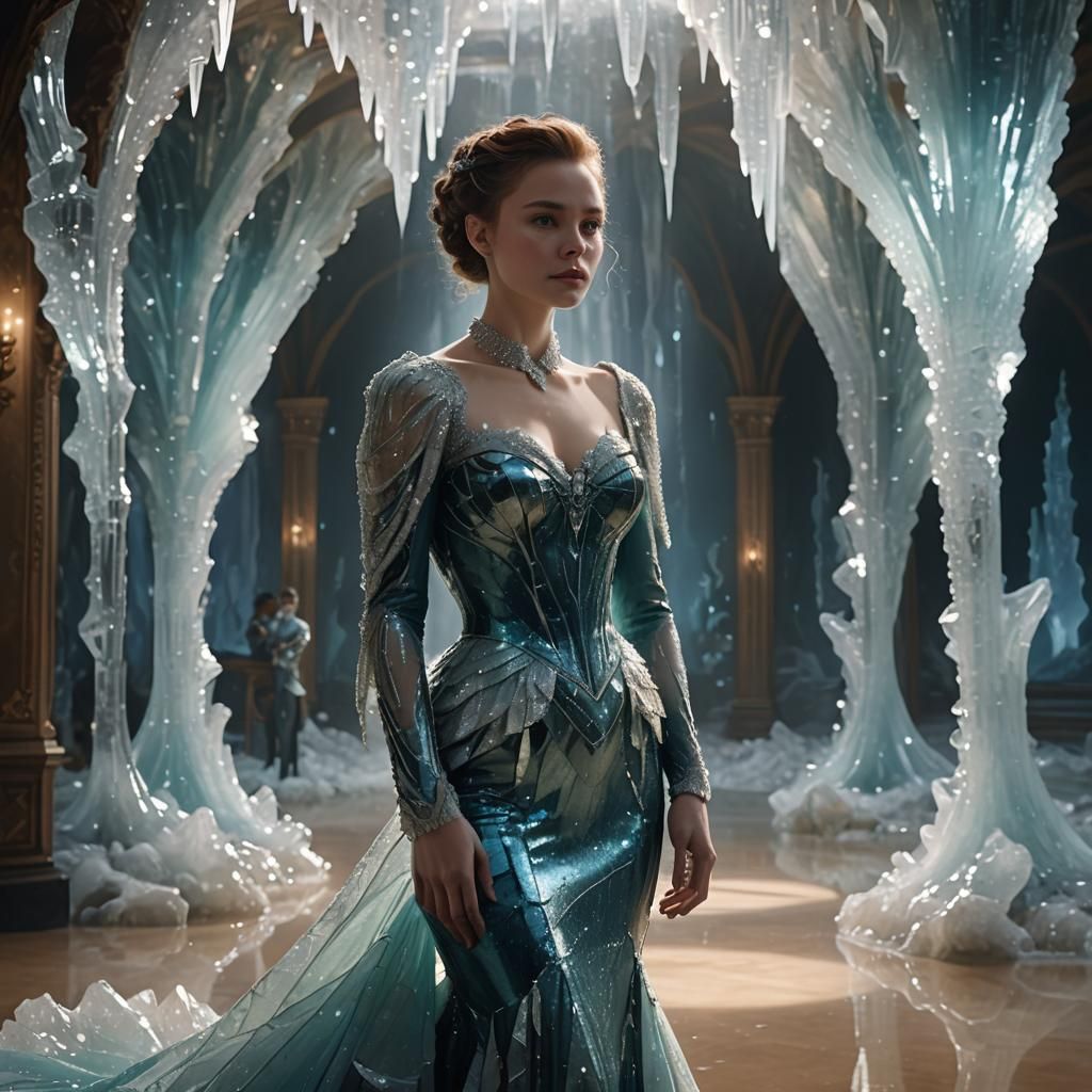 Woman in Crystal Dress in Opulent Ballroom