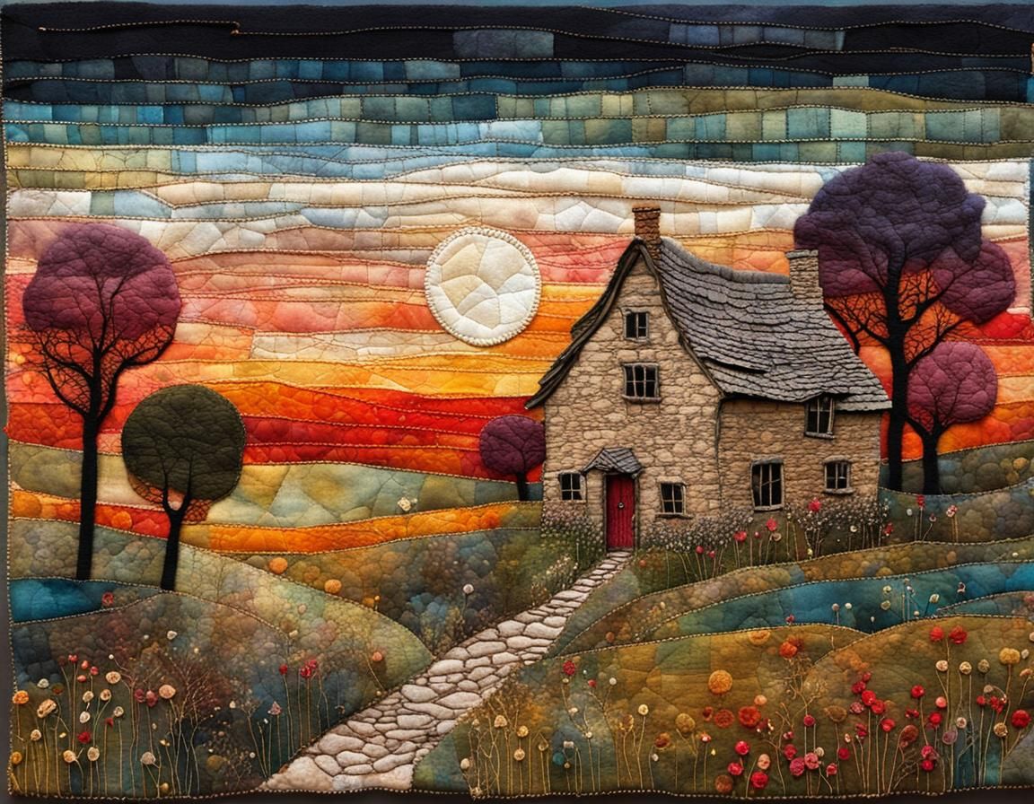 Fabric Collage of Cotswold Farmhouse with Embroidery