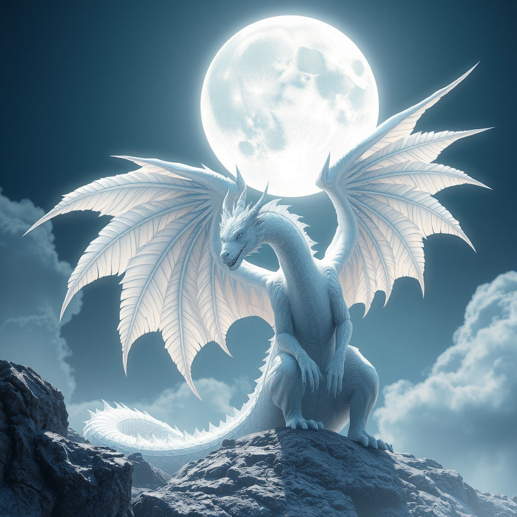 White Angel Dragon Against the Full Moon in Anime Style