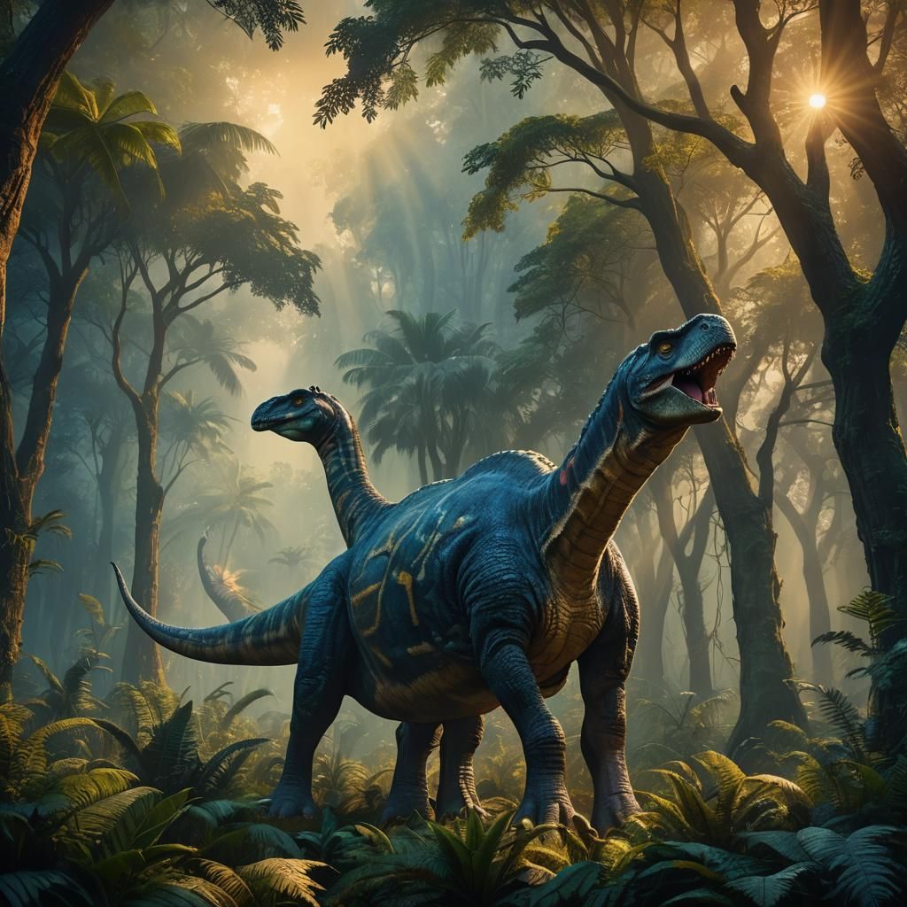 Brachiosaurus in Misty Forest at Sunset