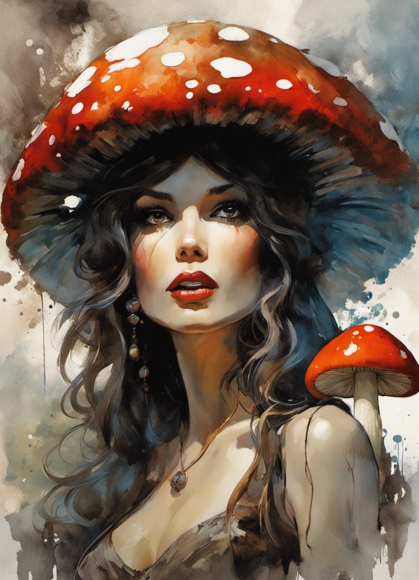 Mushroom Pin-Up Witch in Classic Art Style
