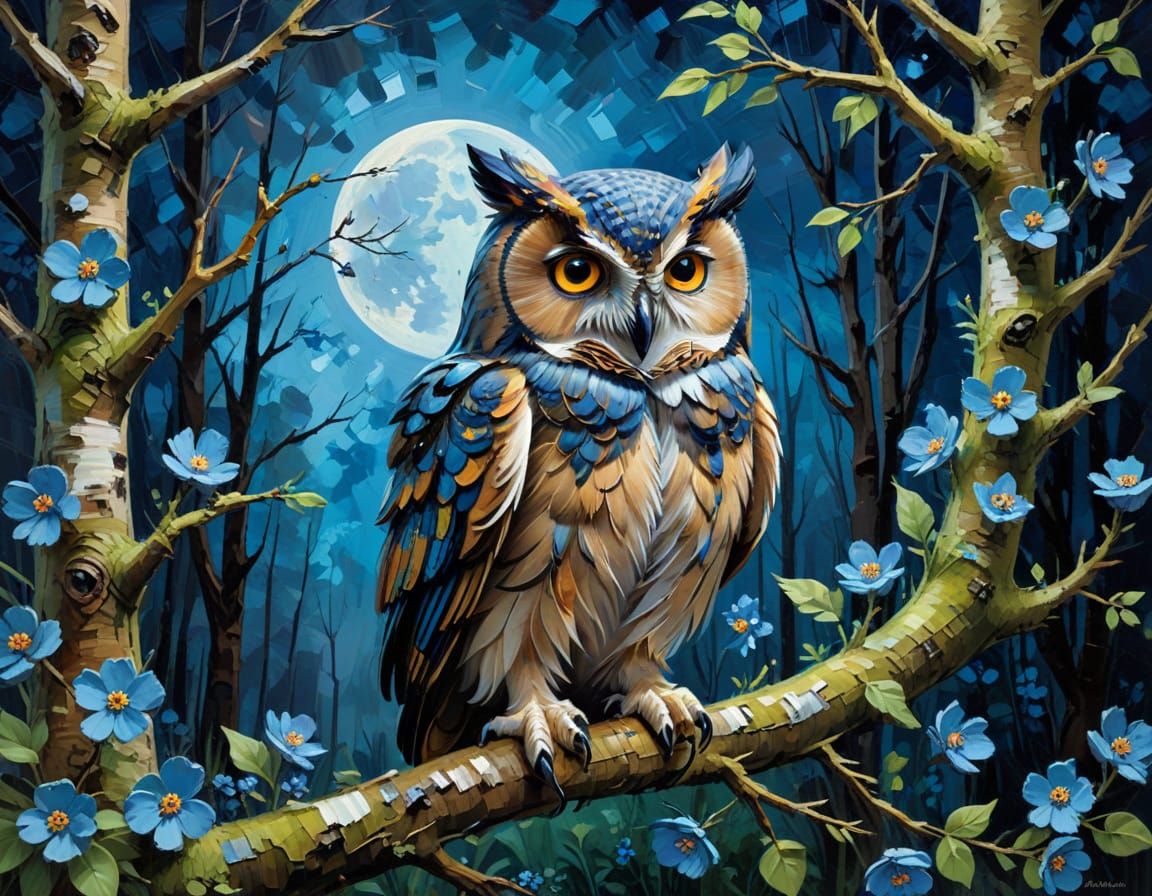 Surreal Impasto Painting of Owl in Spring Forest