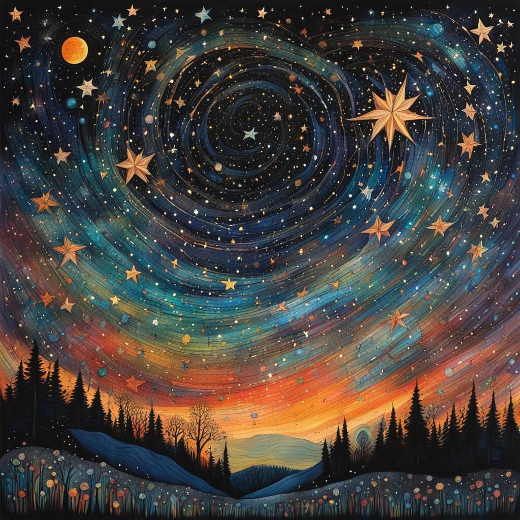 Vibrant Starry Night Sky in Art Brut Style