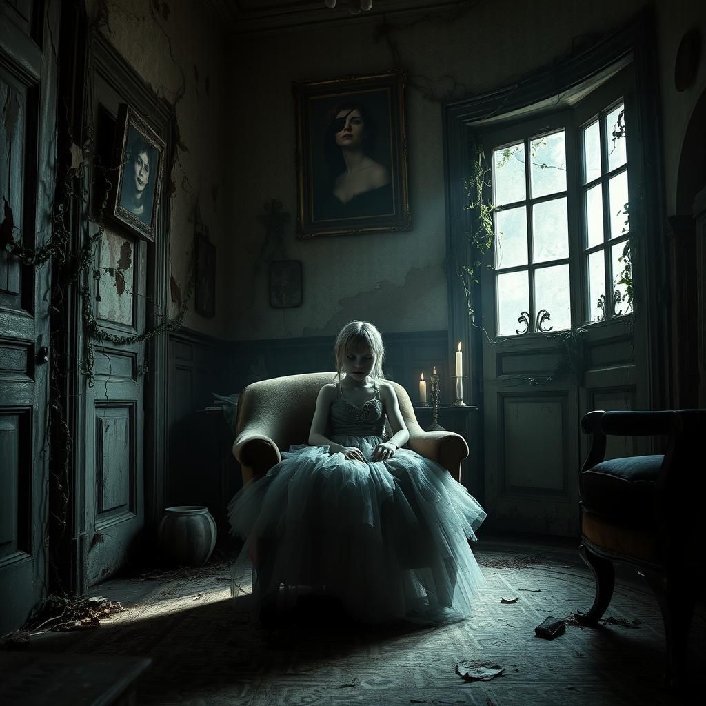 Ghost Girl in Decaying Mansion, Atmospheric Digital Painting