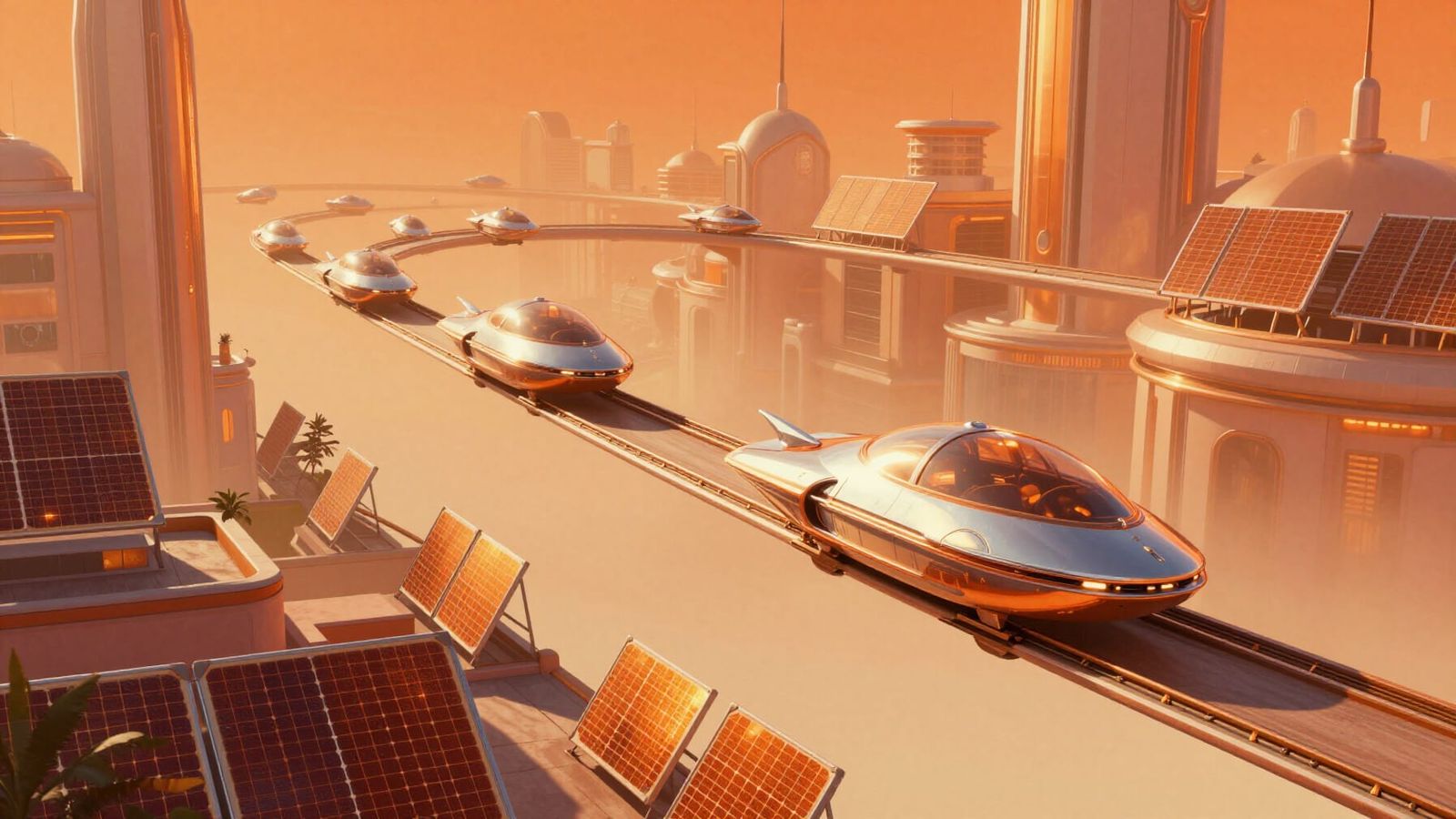 Retro-Futurist Cityscape With Solar Power and Flying Cars