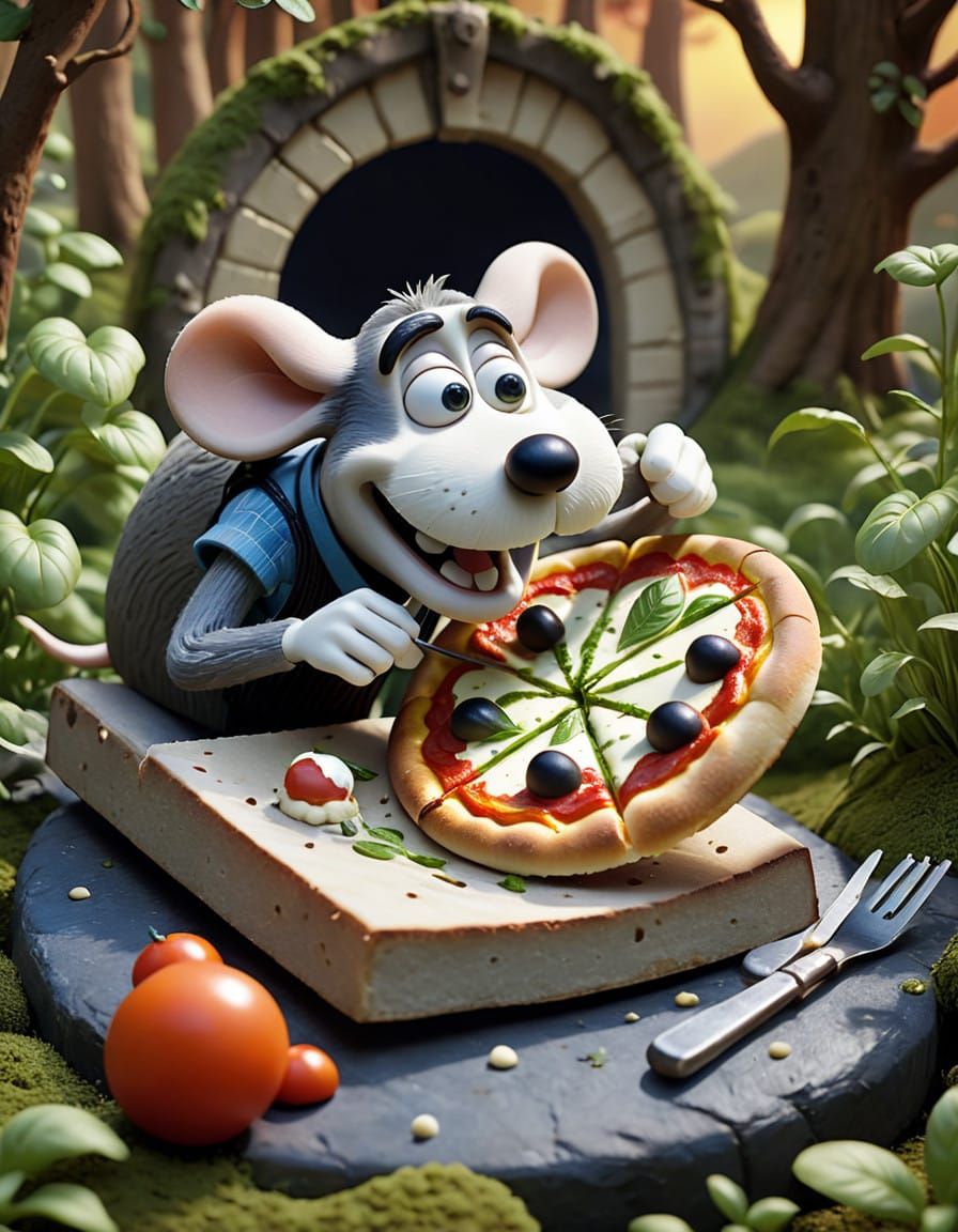 3D Claymation Masterpiece: Adorable Mouse Savoring Pizza