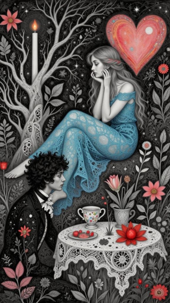 <lora:Botanical Fae 2:1.0>  in a goth Mad Hater Tea party  dreamscape,  making wishes , collaboration Paul Klee and Tim ...