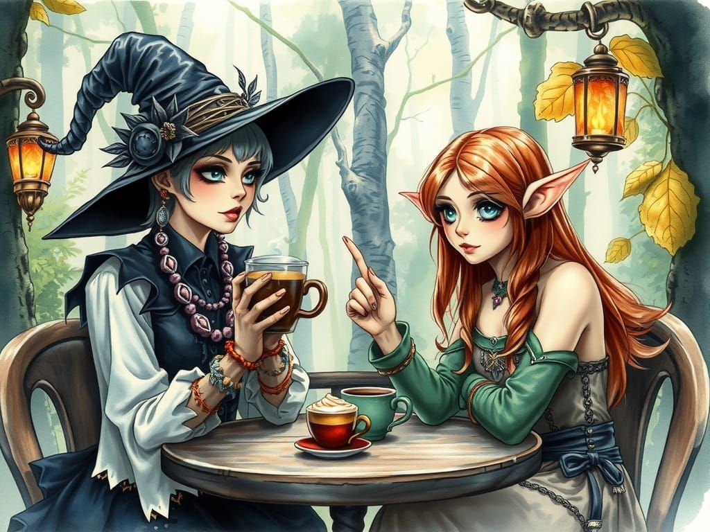 Fantasy Coffee Gathering in a Cozy Forest Cafe