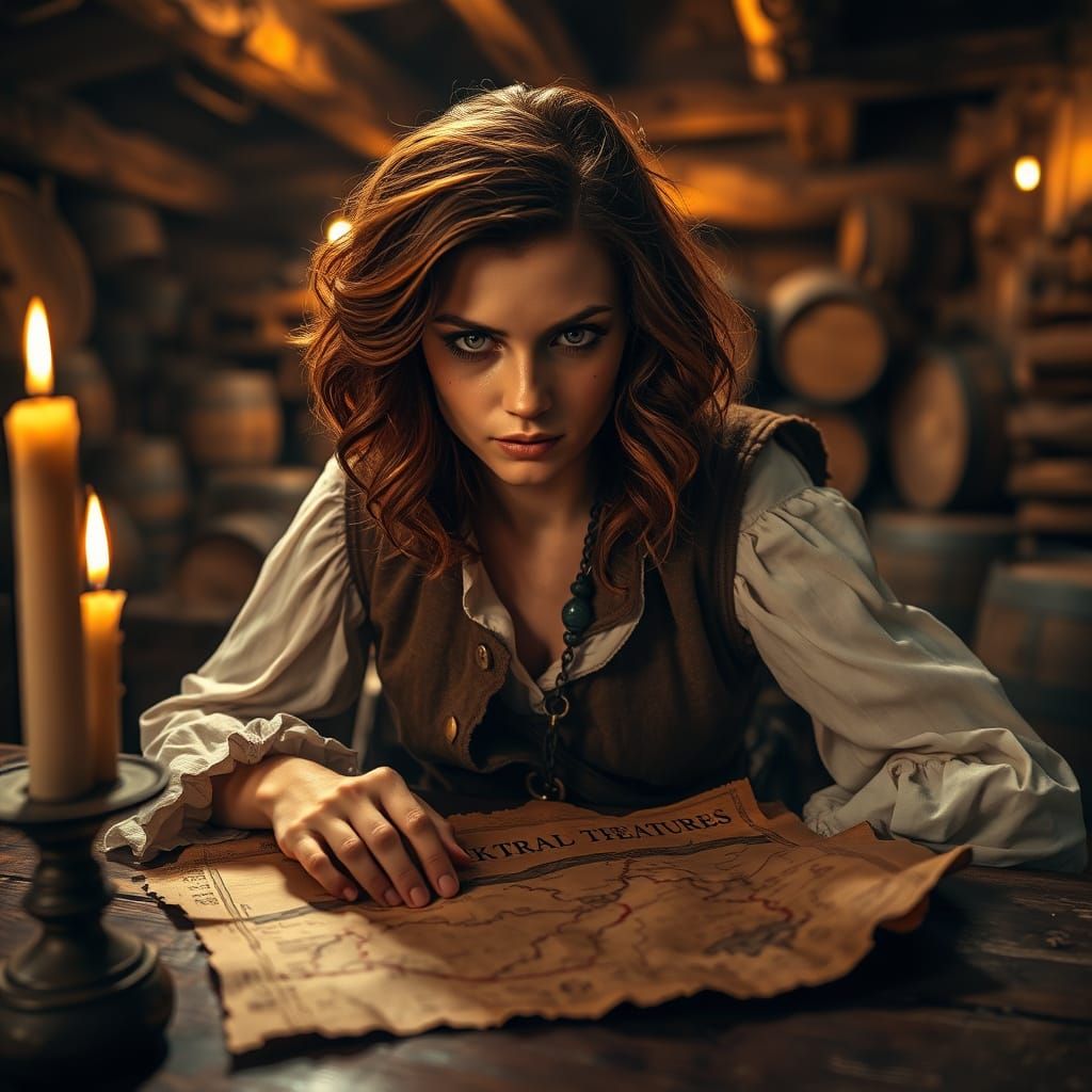 Pirate Maiden Ponders Ancient Map in Rustic Tavern