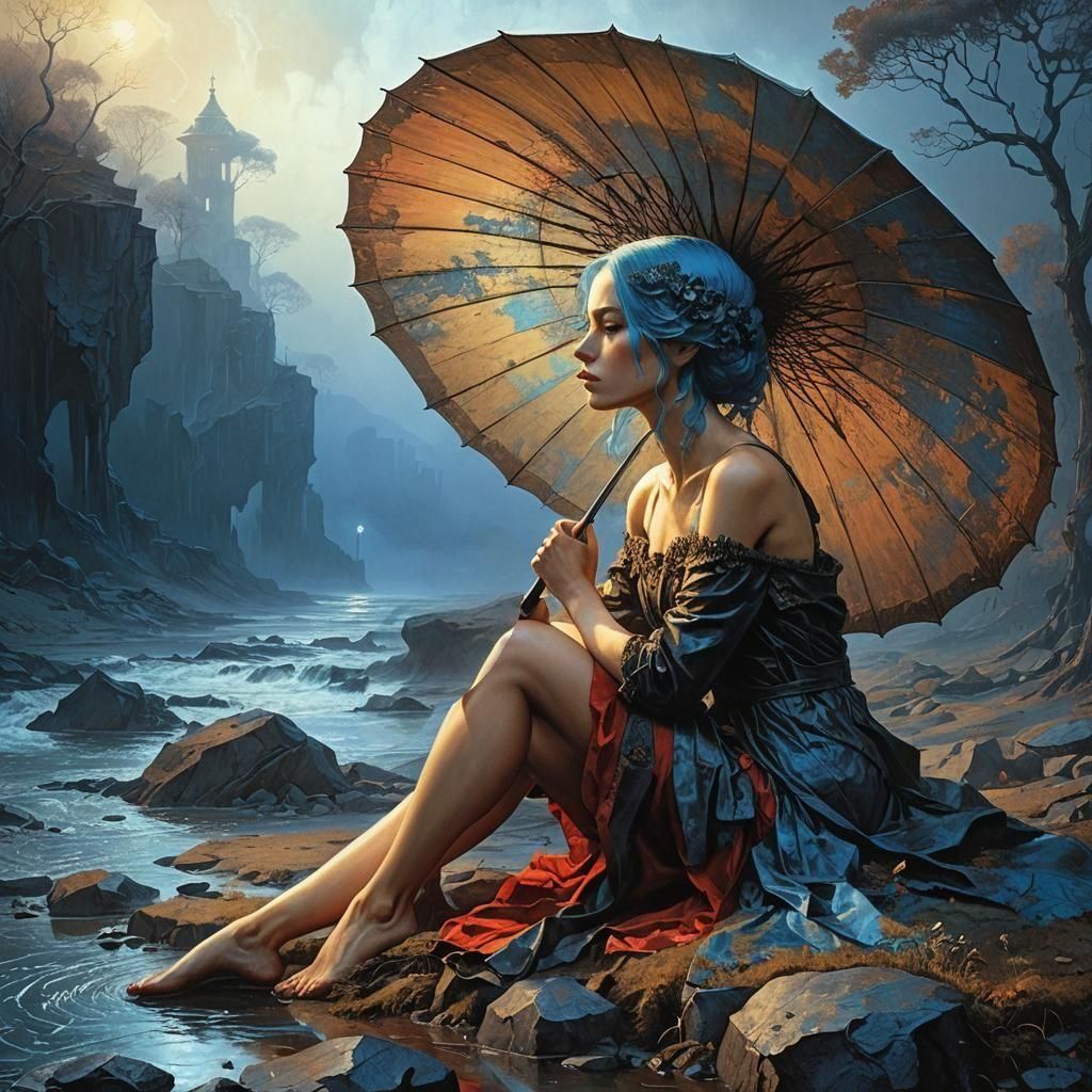 Metal Sculpture of Blue-Haired Girl in Dark Surrealism