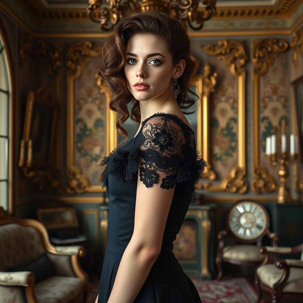 Elegant Woman in Victorian Room, Art Nouveau Style