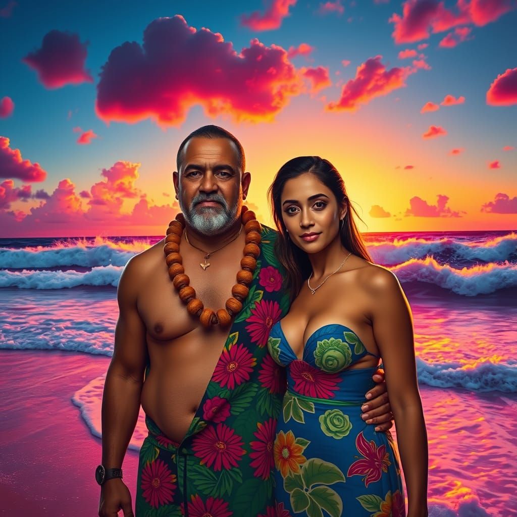 Samoan Man and Woman at Sunset, Neon Pop Art