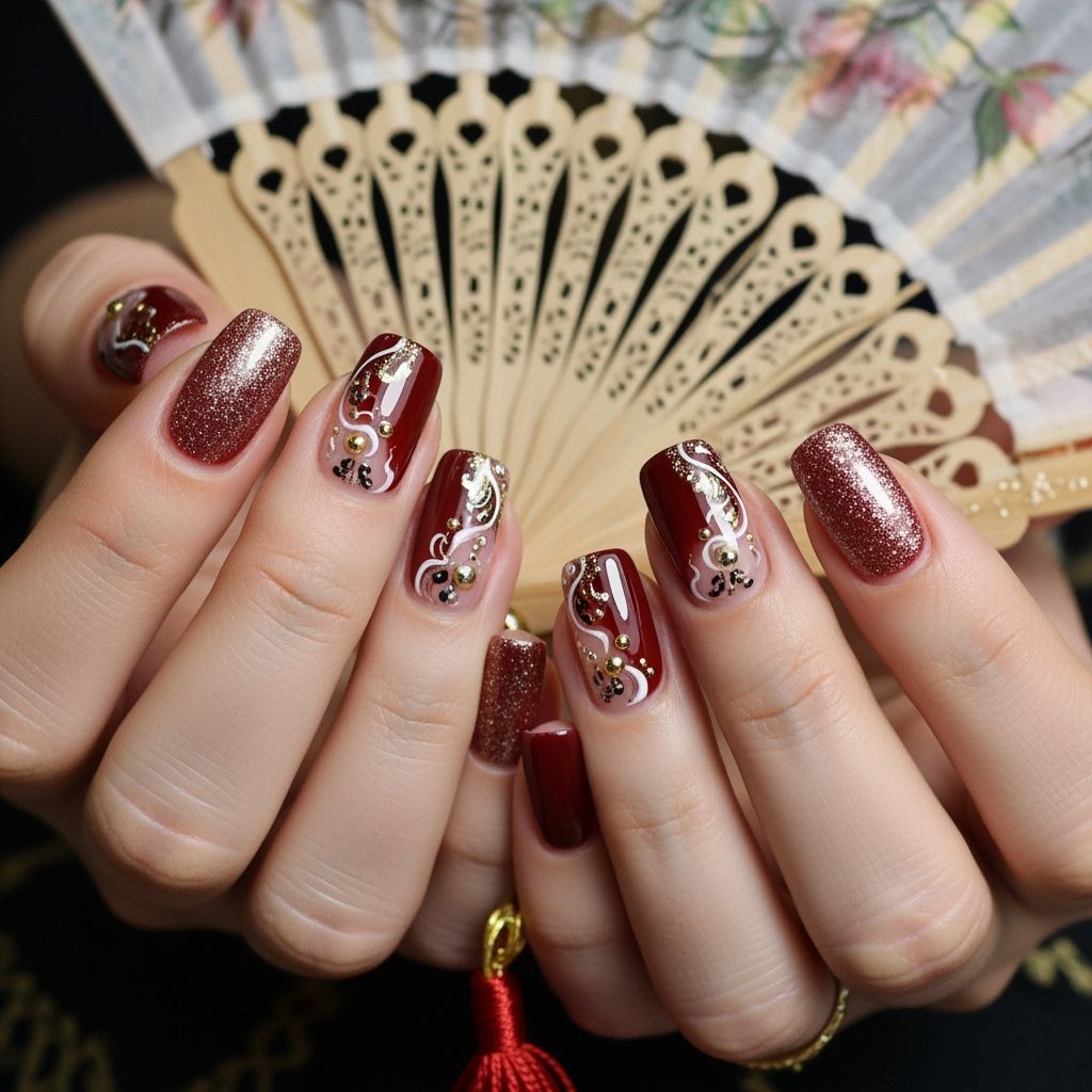 Burgundy and Gold Glitter Nail Art Design